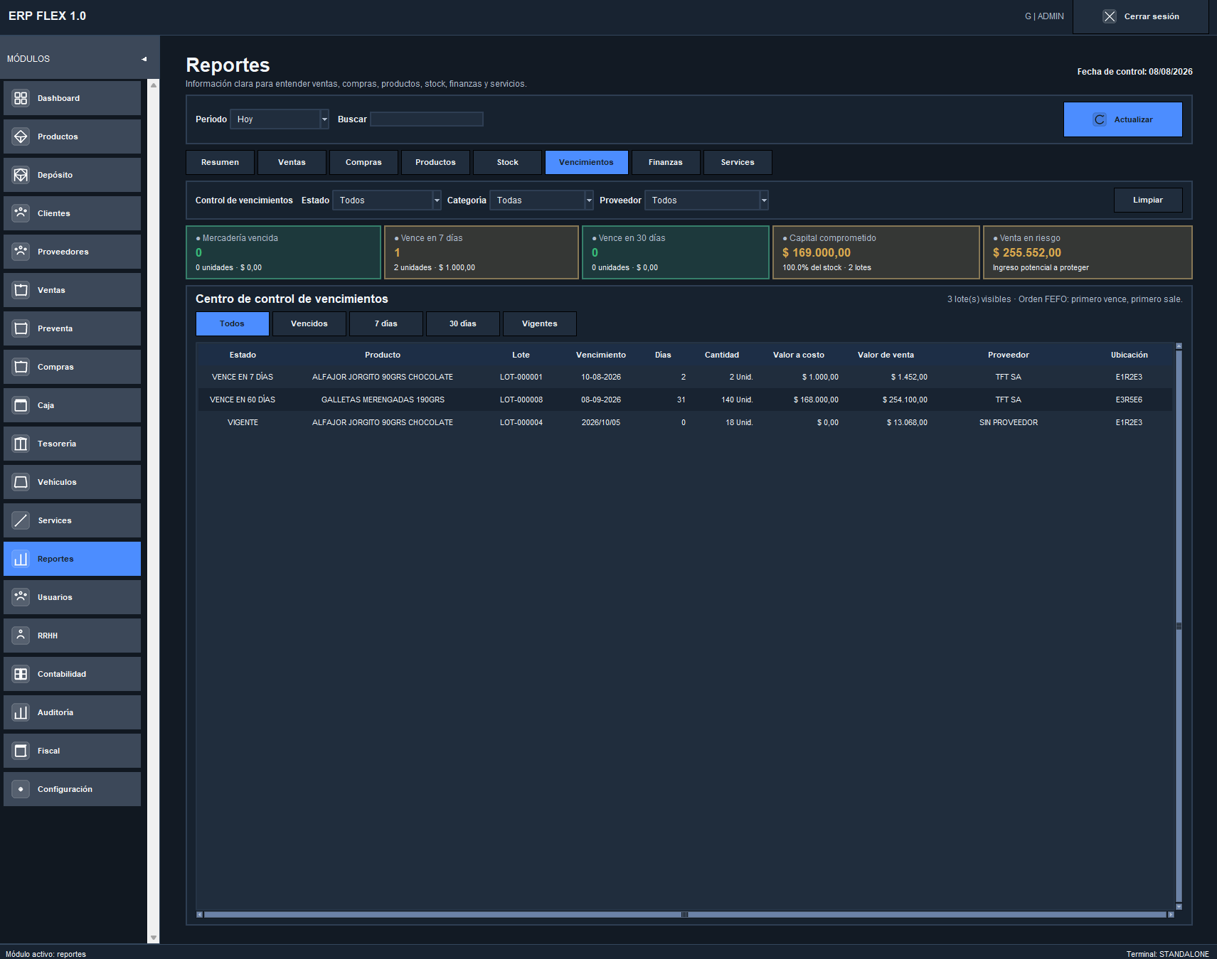 Pantalla de Reportes de ERP FLEX