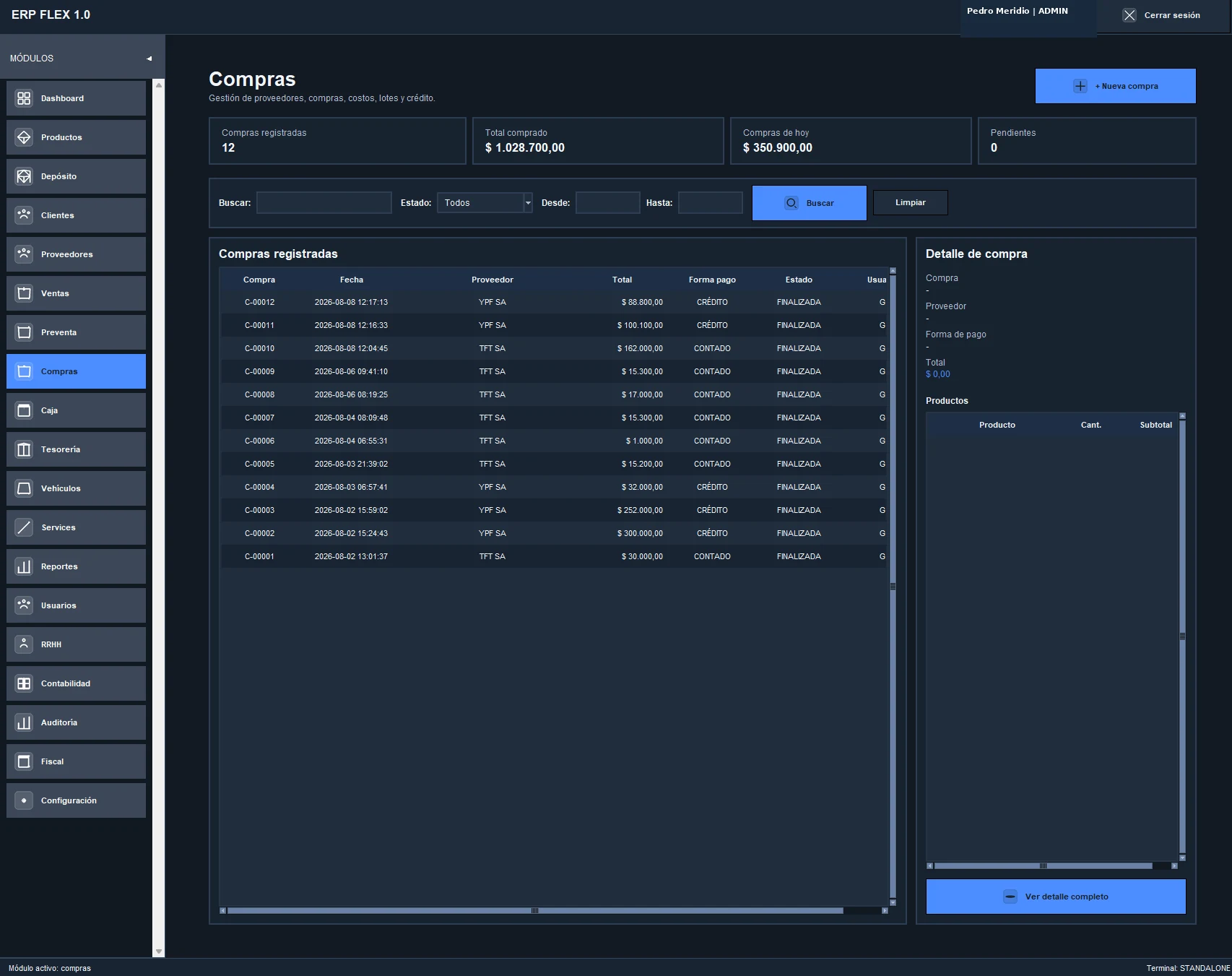 Compras de ERP FLEX con datos demostrativos