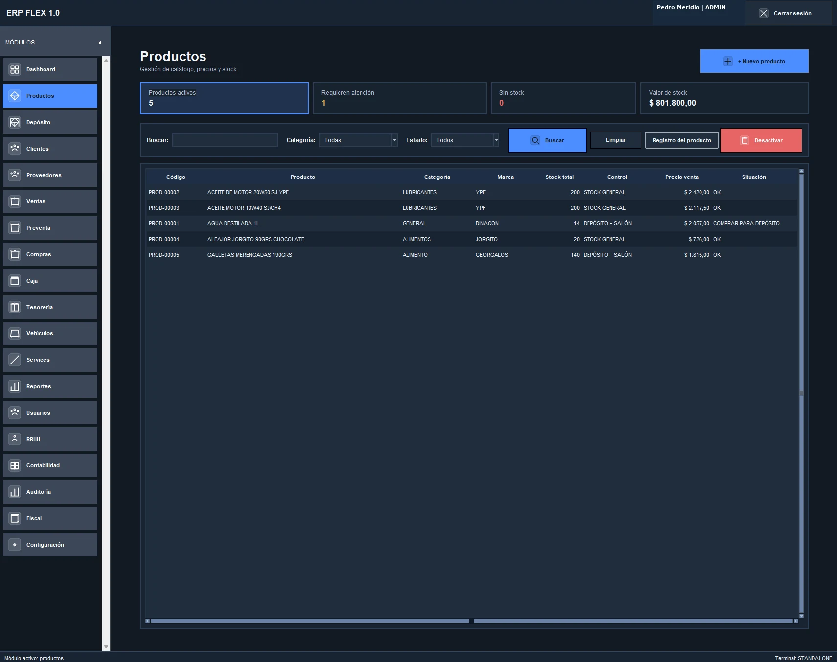 Productos de ERP FLEX con datos ficticios